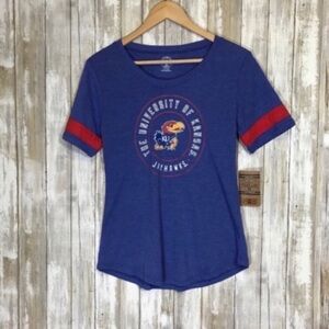 Kansas Jayhawks Women’s Tee Small Blue Red Stripe Sleeve NCAA KU Game Day Shirt